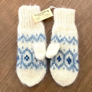 Hand Crafted Cream and Blue Wool Knit Mittens